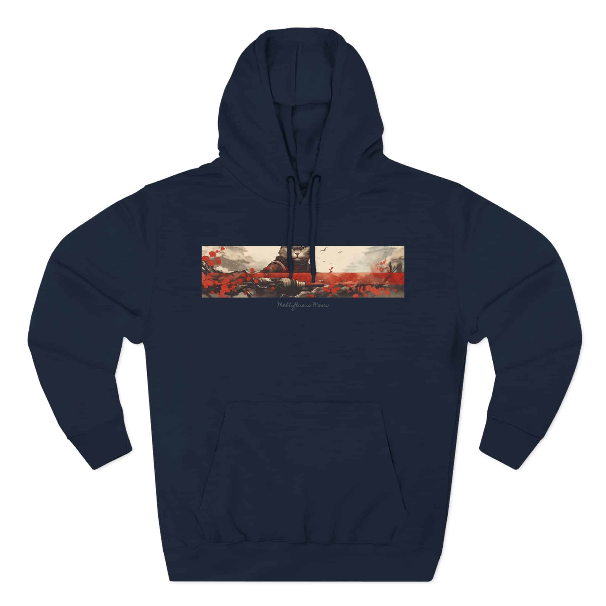 Red Samurai Design Cat Hoodie, Balck Unisex, Adult Sizes XS to XXL - Image 2
