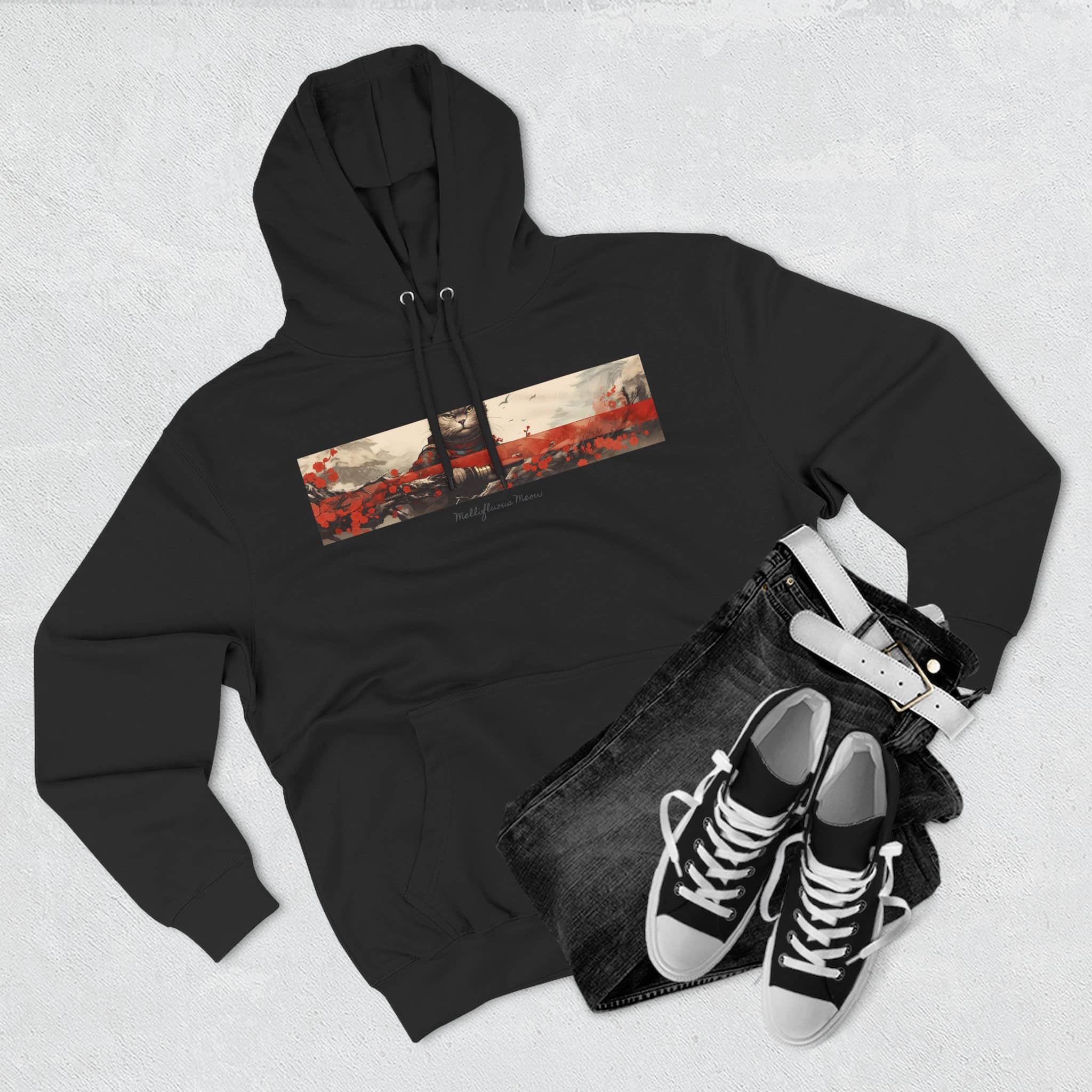 Red Samurai Design Cat Hoodie, Balck Unisex, Adult Sizes XS to XXL - Image 9