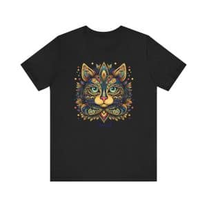 Cat Face Mandala Tee Shirt, black, blue, gold, Unisex, Adult Size XS to XXL
