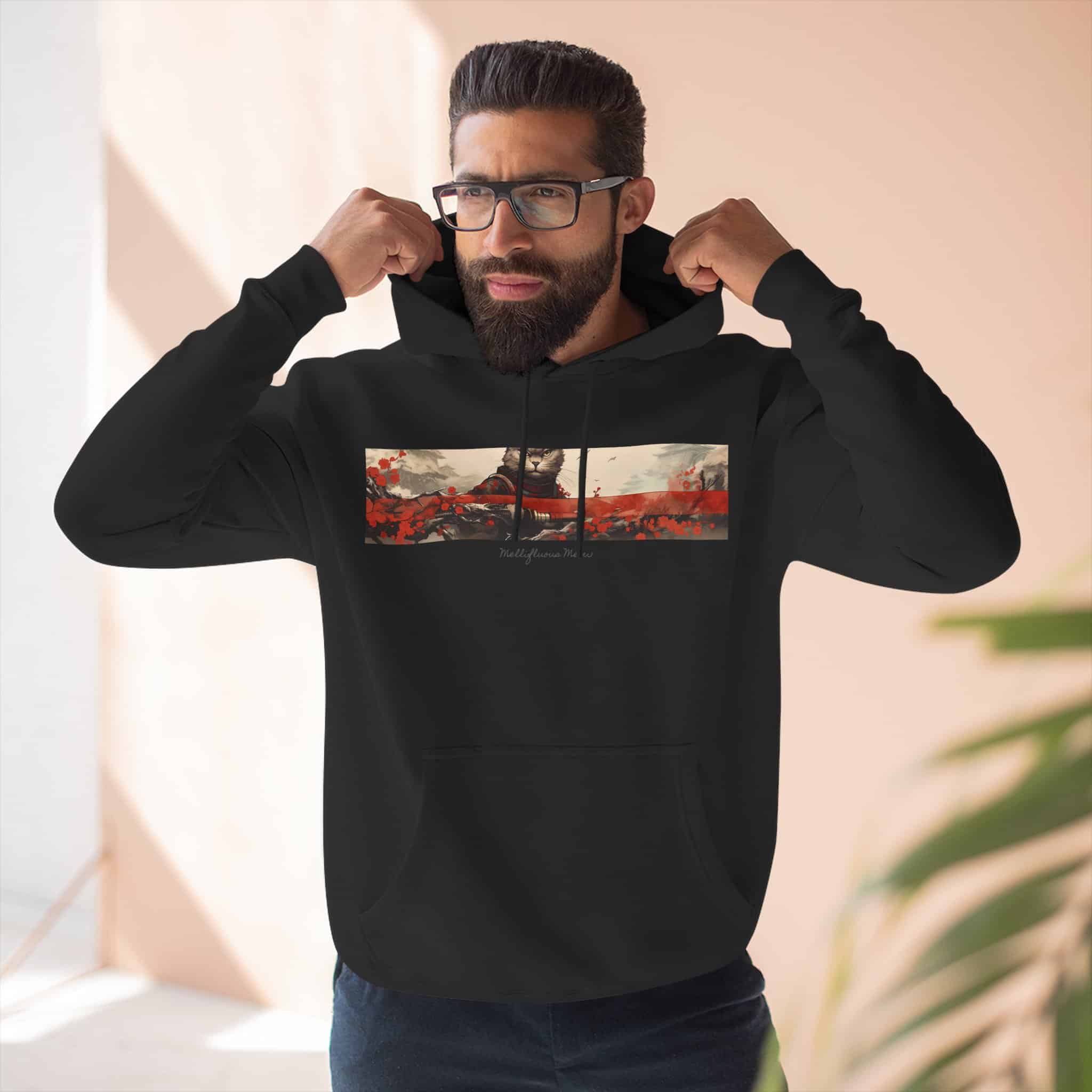 Red Samurai Design Cat Hoodie, Balck Unisex, Adult Sizes XS to XXL - Image 11