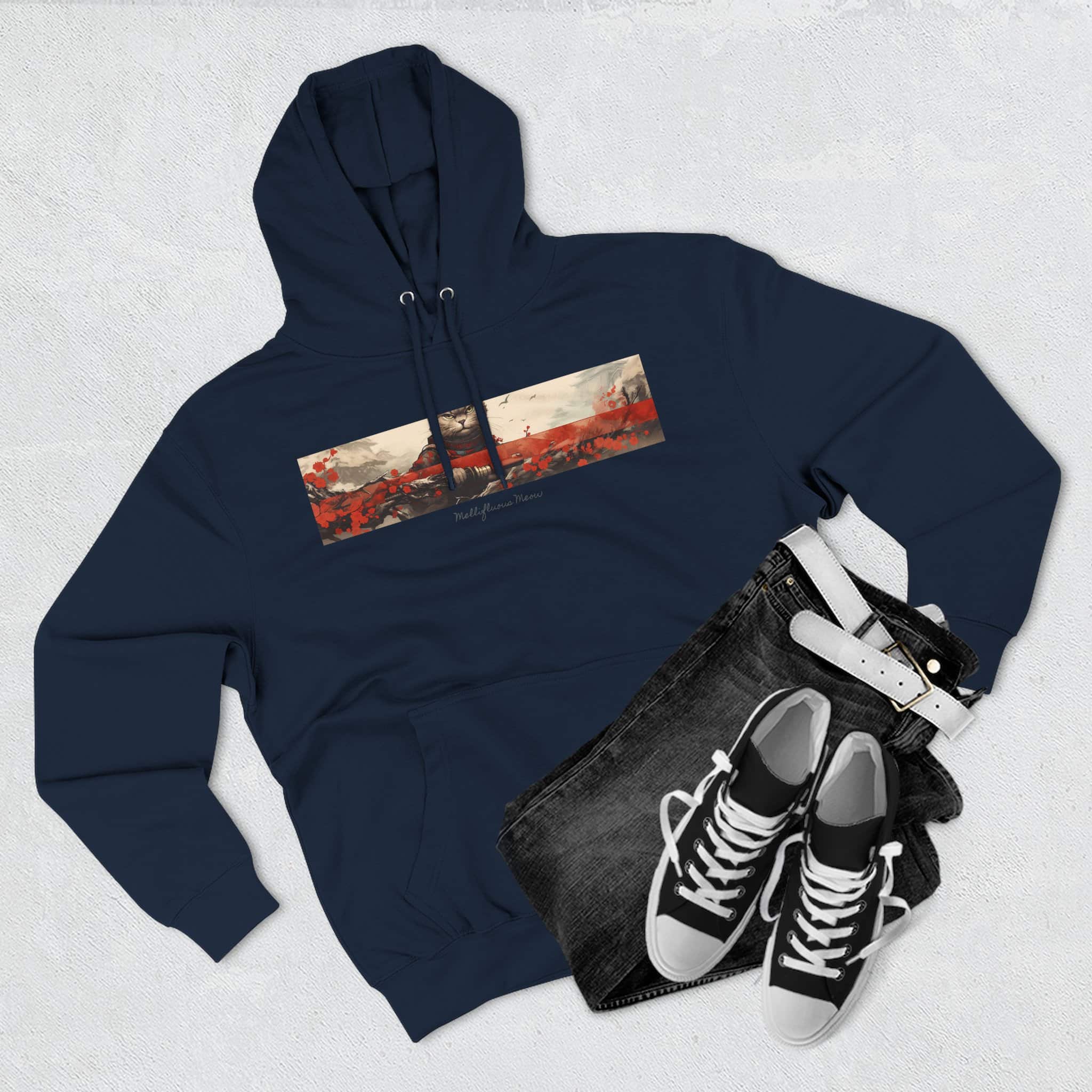 Red Samurai Design Cat Hoodie, Balck Unisex, Adult Sizes XS to XXL - Image 3