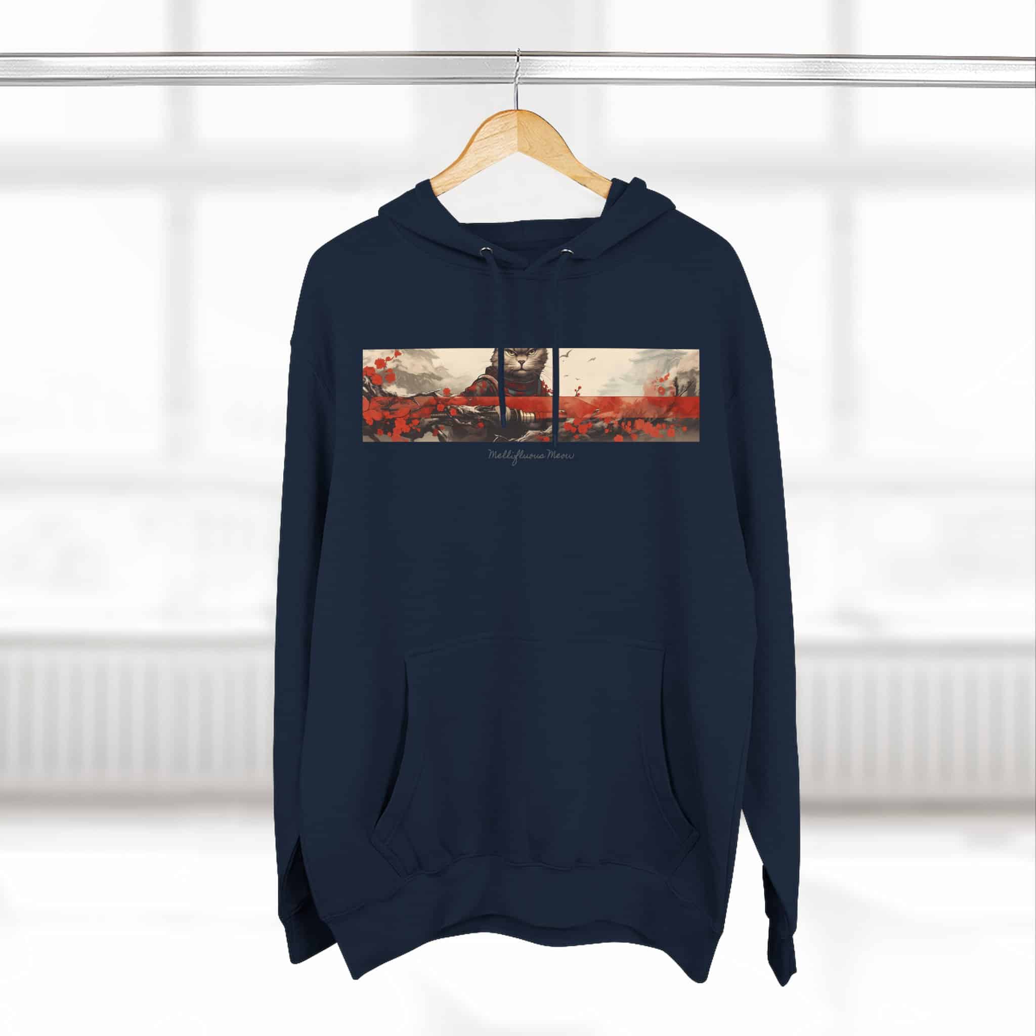 Red Samurai Design Cat Hoodie, Balck Unisex, Adult Sizes XS to XXL - Image 4
