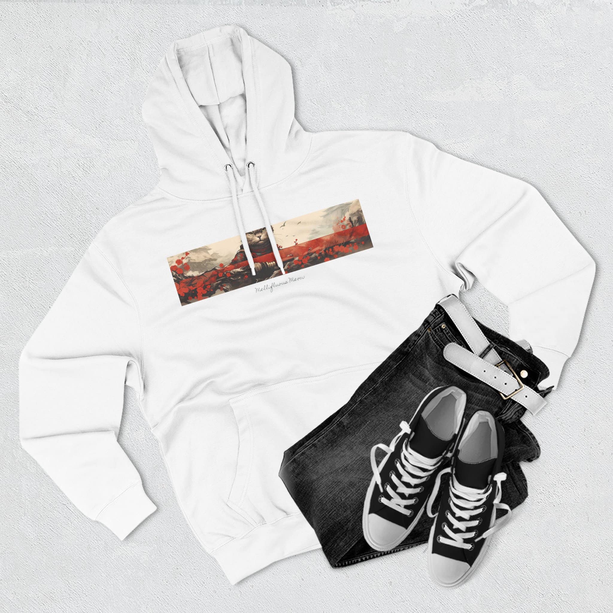 Red Samurai Design Cat Hoodie, Balck Unisex, Adult Sizes XS to XXL - Image 6