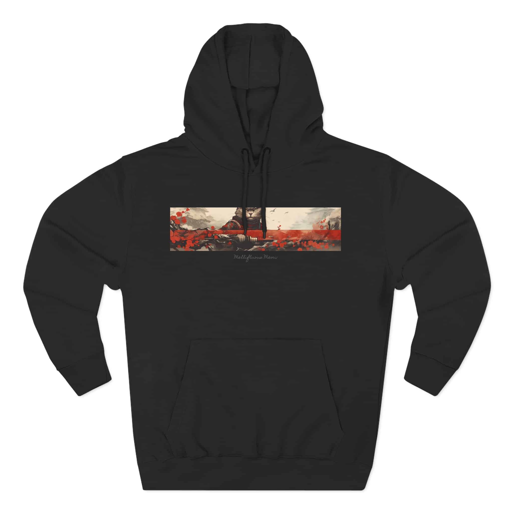 Red Samurai Design Cat Hoodie, Balck Unisex, Adult Sizes XS to XXL - Image 8