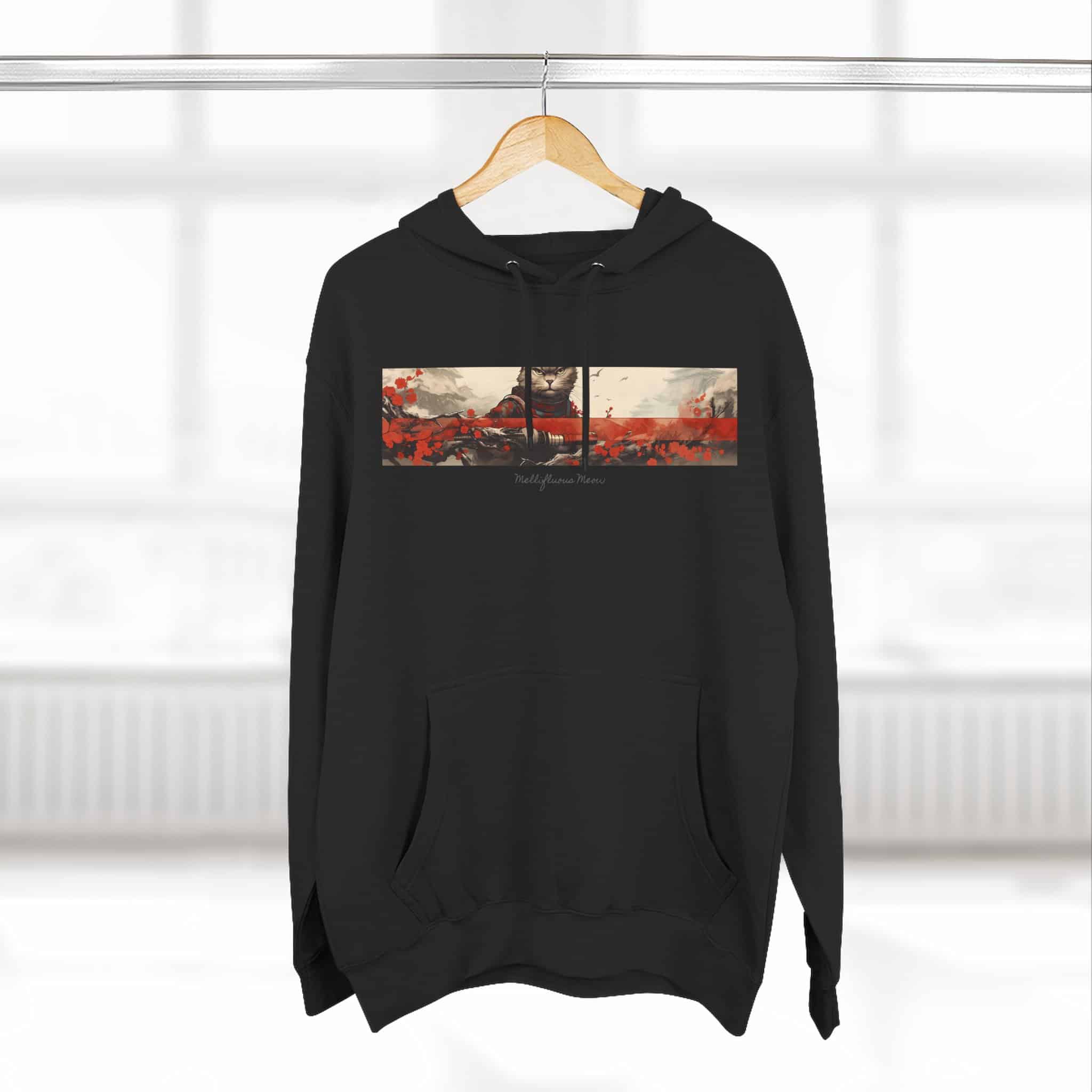 Red Samurai Design Cat Hoodie, Balck Unisex, Adult Sizes XS to XXL - Image 10